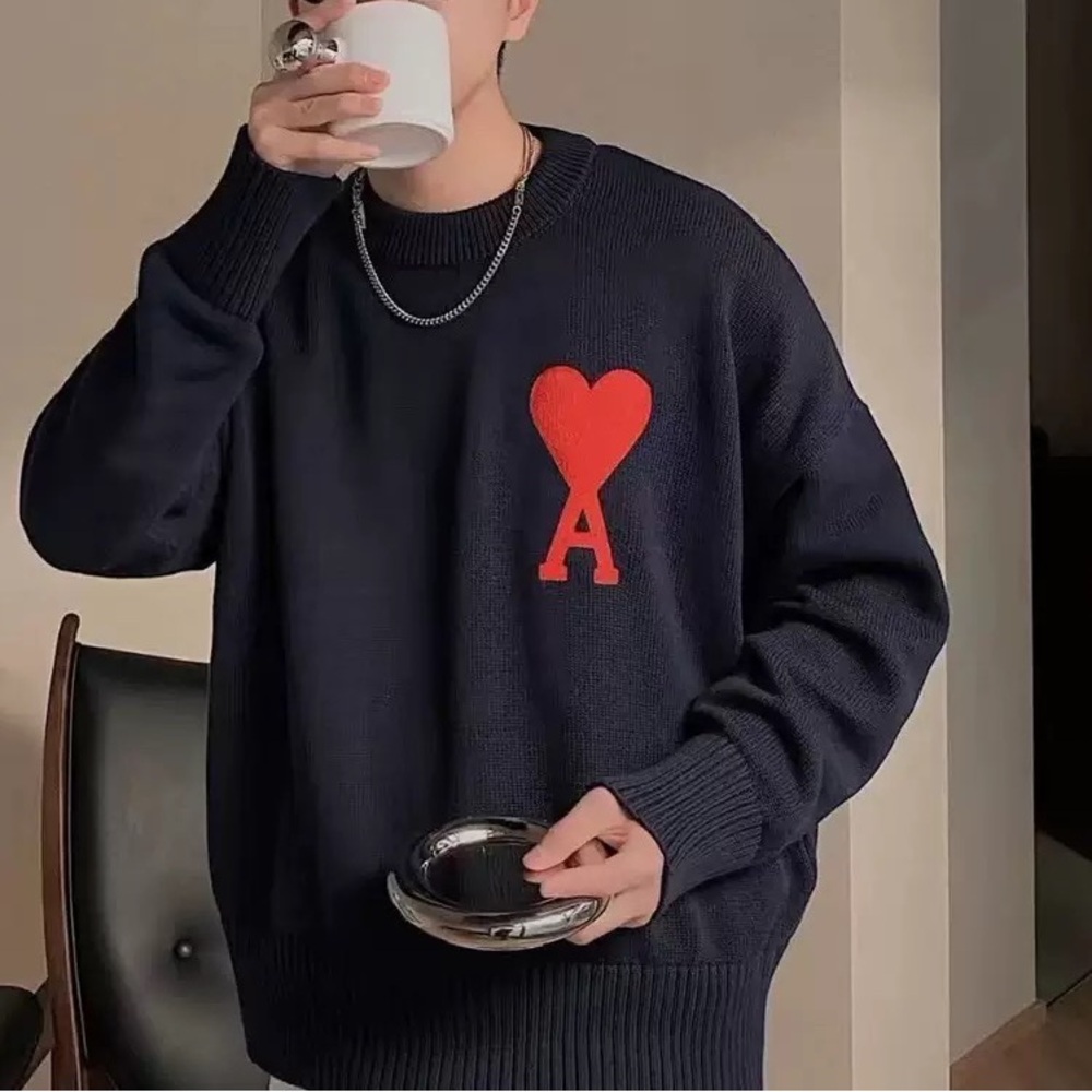 Ami Navy Crewneck Sweater with Red Heart Logo